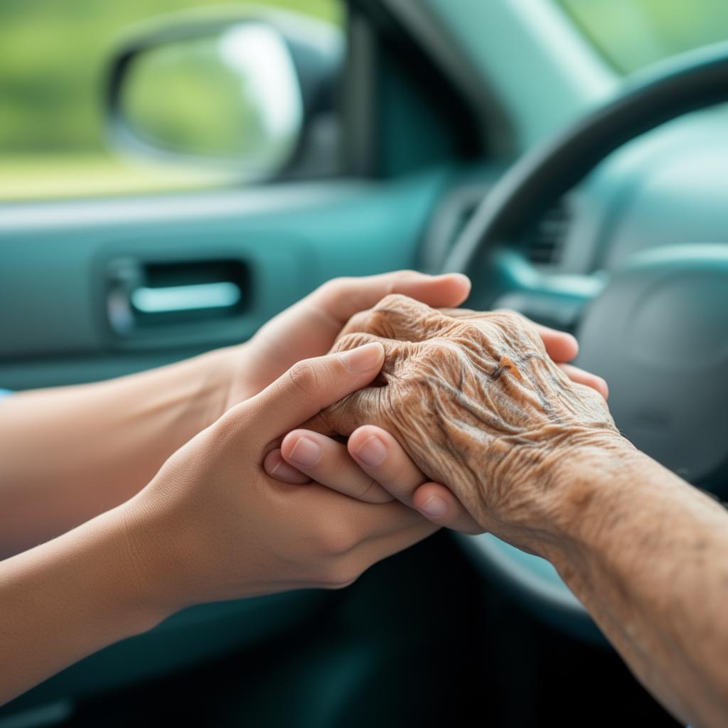 A caregiver gently holds an elderly passenger's hand in a vehicle