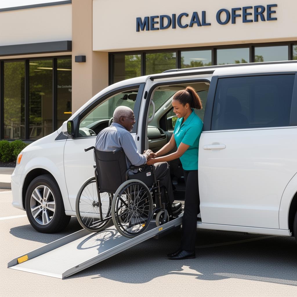 A driver assists a passenger using a wheelchair into an accessible vehicle